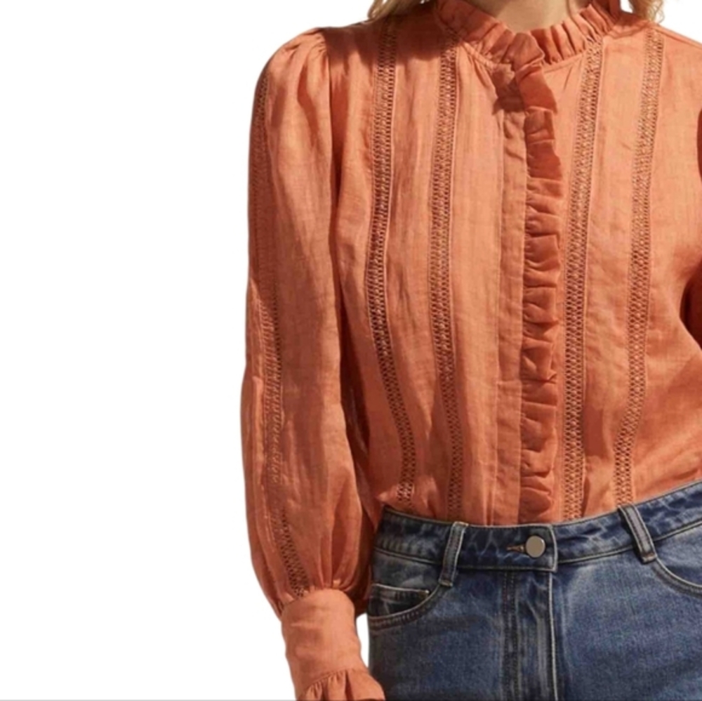 Calypso ST. Barth Rust Lace Button-Up Long Lantern Sleeve Blouse M L Xl New
